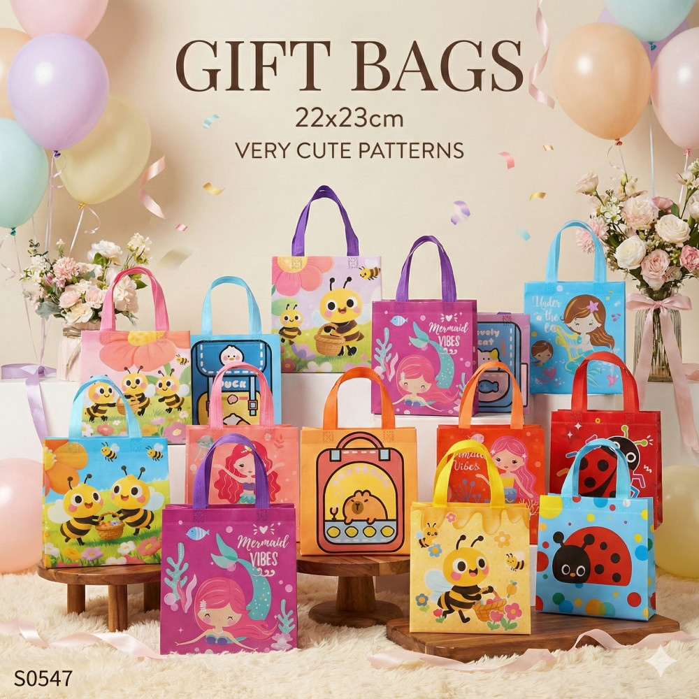 S0293 กระเป๋าผ้า ถุงของขวัญ ลายการ์ตูน น่ารัก 22x23x11ซม. ใส่ของ ใส่เครื่องเขียน ใส่เอกสาร พับได้