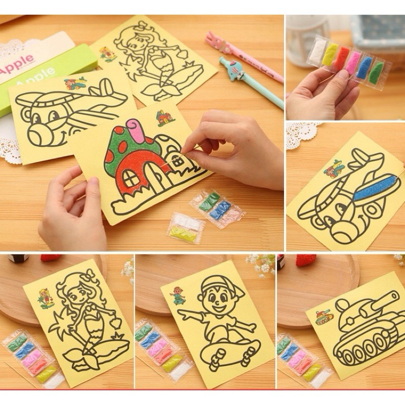 ทรายระบายสีการ์ตูน(คละลาย) 1แผ่นพร้อมสี ของเล่น วาดภาพ งานศิลปะ ทรายระบายสี
