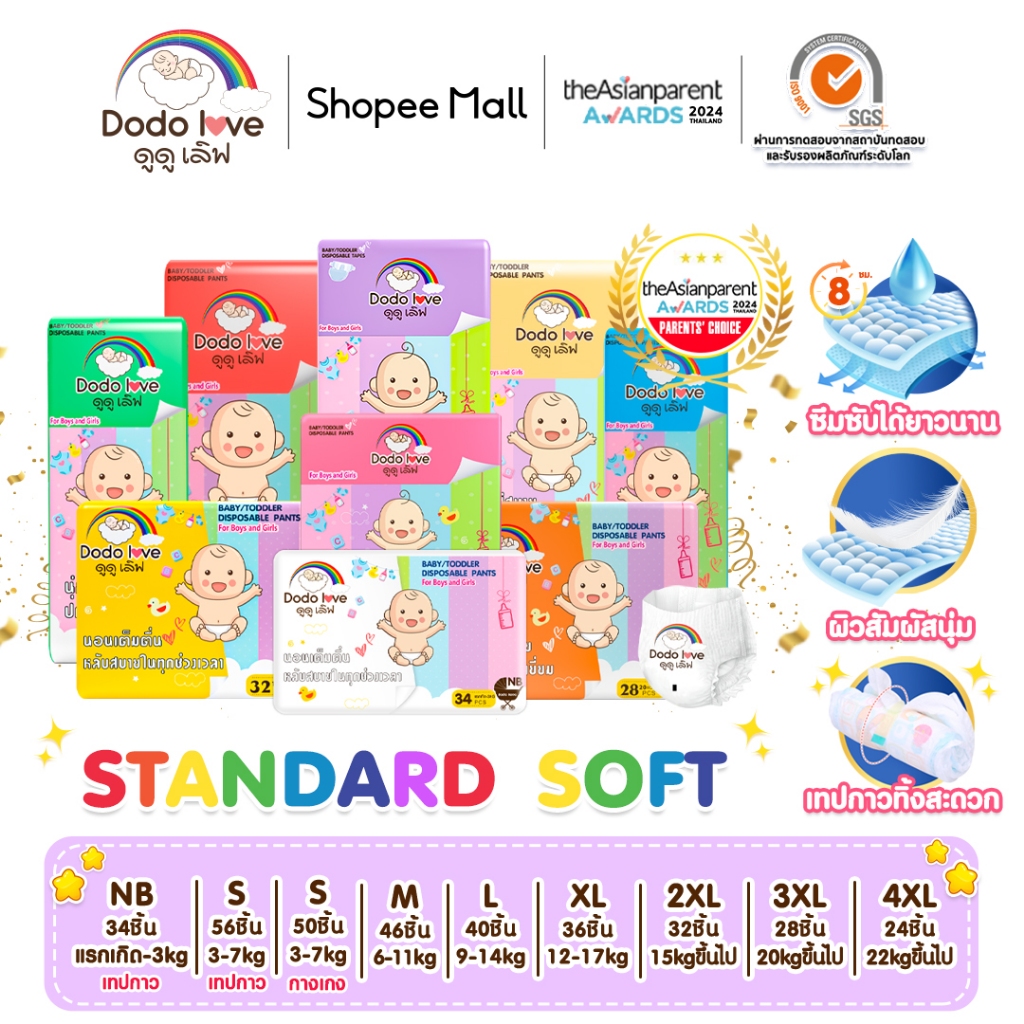 แพ็คเดี่ยว DODOLOVE Standard Soft กางเกงผ้าอ้อม Size NB-4XL นุ่ม บางเบา ใส่สบาย ผ้าอ้อม มีโลเทปม้วนทิ้ง