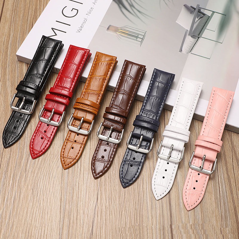 สายนาฬิกาข้อมือหนังแท้ ลายไม้ไผ่ 12-24 มม. สีดํา สีน้ําตาล สีแดง สีขาว สีชมพู