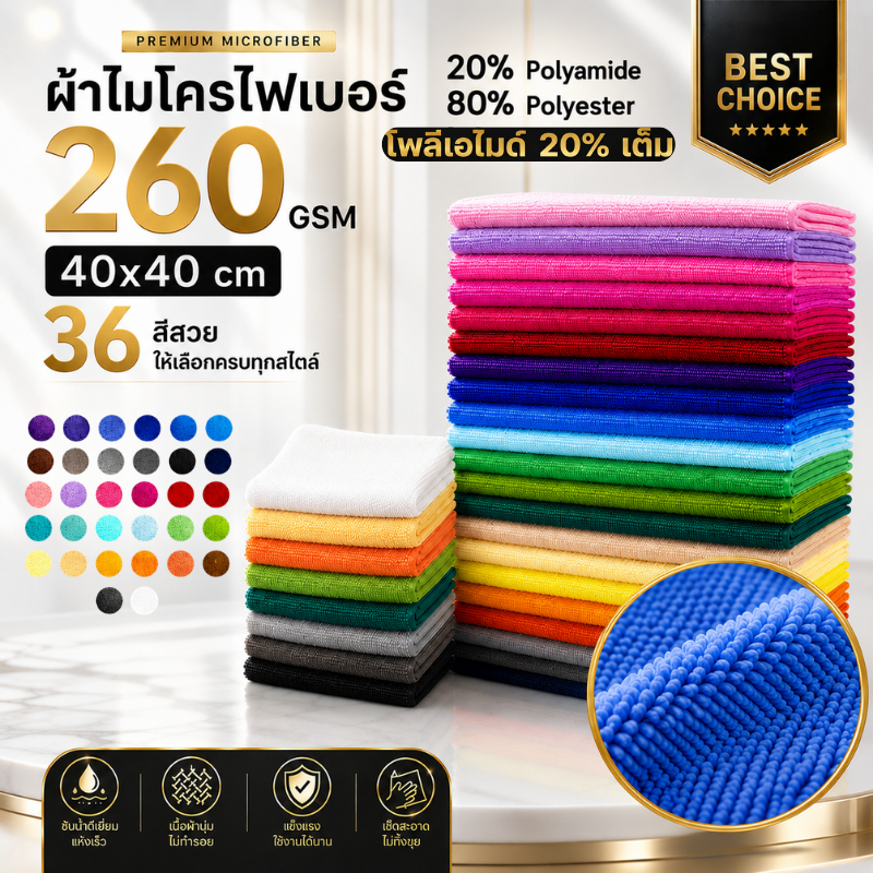 ผ้าไมโครไฟเบอร์ 260 GSM 40x40 ซม. โพลีเอมายด์ 20% เต็ม ซับน้ำดี ไม่เป็นขุย เช็ดรถและกระจก ผ้าเนื้อฟู