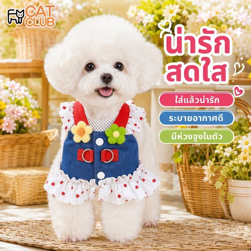 เดรสสุนัขยีนส์ลายหัวใจ เสื้อผ้าสัตว์เลี้ยง ระบายอากาศ มีห่วงจูง ชุดเดรสสุนัขตัวเล็ก แมว