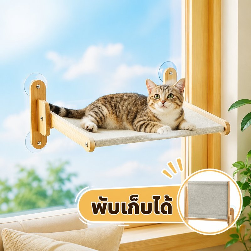 เปลแมวติดกระจก เปลแมวแบบแขวน ถ้วยดูดใหญ่ พับเก็บได้ ไม้สนสองชั้น ผ้าตาข่ายระบายอากาศ
