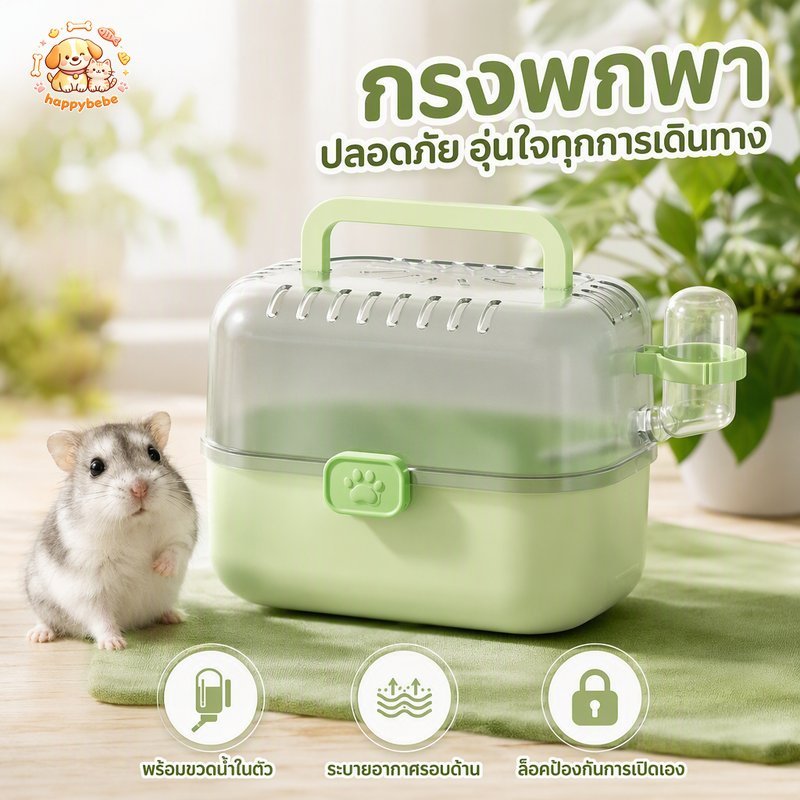 กรงแฮมสเตอร์พกพา พร้อมขวดน้ำ กรงเดินทางสัตว์เล็ก หน้าต่างใส ระบายอากาศดี ล็อคแน่น